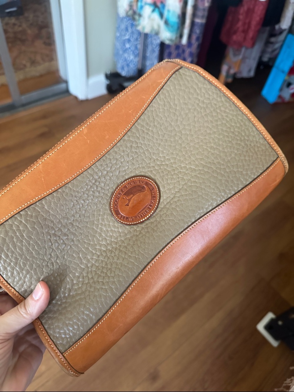 Vintage Dooney & Bourke Pebble Leather Crossbody Bag in Taupe & Brown - Picture 2 of 7